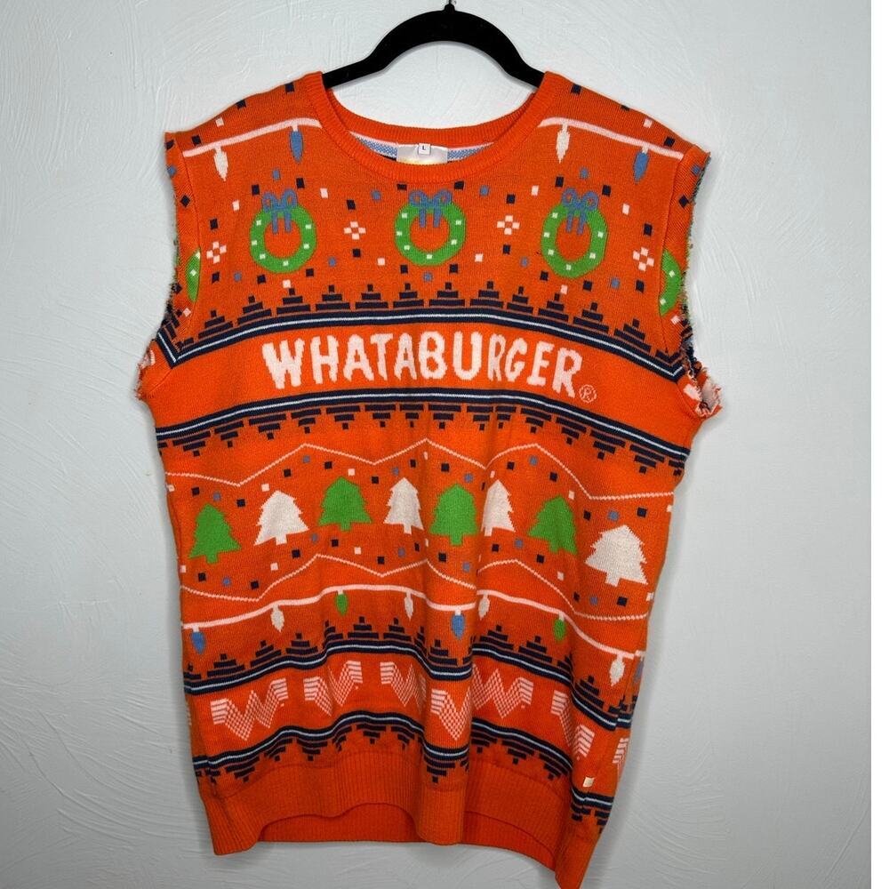 Whataburger Ugly Christmas Sweater Vest Men's Size Large Holiday Orange White